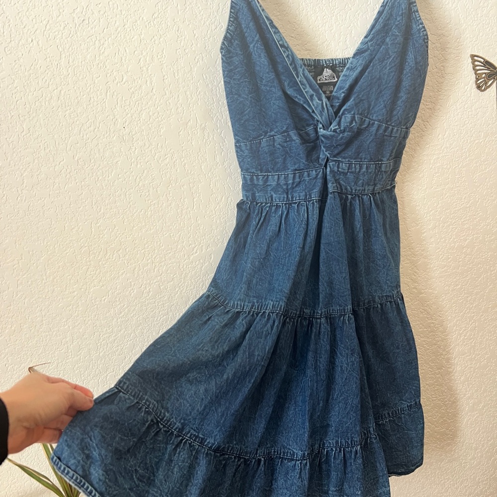 Tiered twist front denim mini dress